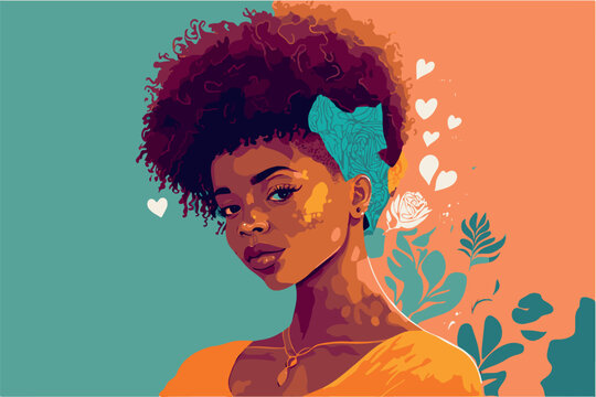 Beautiful black woman. Vector art illustration. Young and powerful girl. Pretty face, and fashionable. Cartoon sketch of strong african woman. Portrait of afro model. Drawing of adult with afro head.