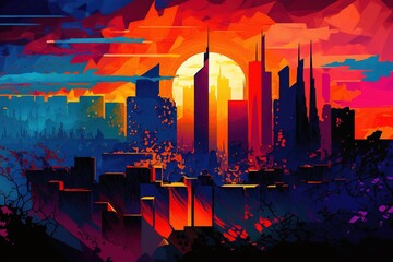 Abstract Cityscape: A Colorful and Vibrant Skyline at Sunset, in the Style of Vincent van Gogh