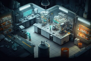A high-tech laboratory with advanced equipment and scientists conducting experiments