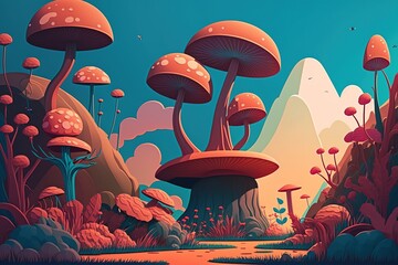 Fantasy Forest: A Surreal Landscape of Colorful Flora and Giant Mushrooms