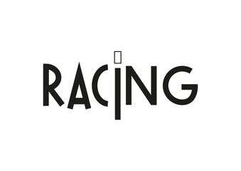 Lettering ofracing in black isolated on white background for poster, design, banner, sport club, resort, advertising, sport center, olympic games, sports shop, store, competition, tournament