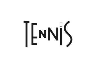 Lettering of tennis in black isolated on white background for poster, design, banner, sport club, resort, advertising, sport center, olympic games, sports shop, store, competition, tournament