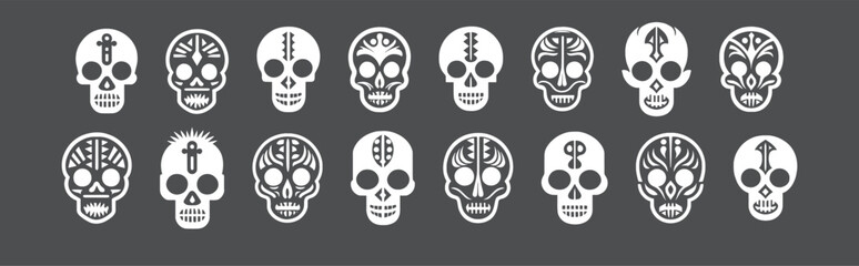 Sugar skulls Set Vector Illustration. Dia de los Muertos. Logo. Icon. Pictogram. Sugar skull. Tattoo. Deaths head.