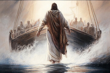 Jesus walks on the water near the boat with the apostles, generative AI