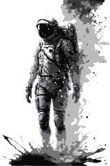 Astronaut artwork. Ink drawing of man going to space. Vector art of retro vintage character. Black and white illustration of cosmonaut sketch. Man or woman on the moon. Lost in space. Science design.