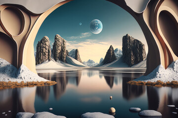 Abstract surreal seascape background with rocky mountains and mirror arches. Fantastic landscape wallpaper. Generative AI