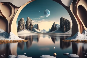 Photo sur Plexiglas Vert bleu Abstract surreal seascape background with rocky mountains and mirror arches. Fantastic landscape wallpaper. Generative AI
