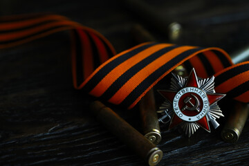 Patriotic War Order and battle order for courage and bravery on George Ribbon background for the great day of Victory (russian text: Patriotic War)