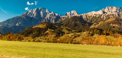 Alpine autumn or indian summer view with the Leoganger Steinberge mountains near Saalfelden am Steinernen Meer, Salzburg, Austria