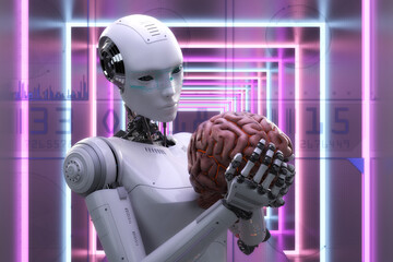 Artistic 3D illustration of a cyborg with artificial intelligence. - 579088341