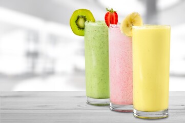 Set of tasty fresh various milkshakes with berries