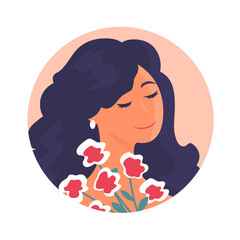 Beautiful girl with flowers. Portrait of a woman. Happy smile on your face. Cartoon vector illustration