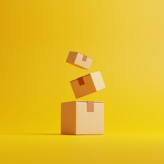 Three brown cardboard boxes float on a yellow background. The concept of transportation and delivery. 3d render illustration