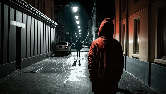 Robber in hood watches woman silhouette walking alone dark street, suspicious man hunts for female single victim on deserted street. Rear view maniac in hood wanted to rape woman, generative AI
