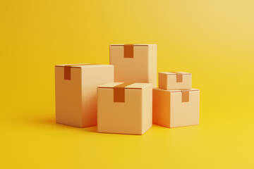 A group of brown cardboard boxes on a yellow background. The concept of transportation and delivery. 3d render illustration