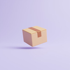 Fototapeta premium One brown cardboard box float on a pastel lilac background. The concept of transportation and delivery. 3d render illustration