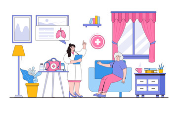 Doctor visit, medical diagnostic healthcare service concept with old patient. Outline design style minimal vector illustration for landing page, web banner, infographics, hero images