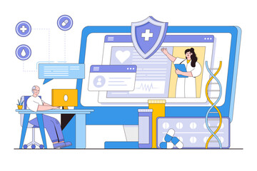 Telemedicine and online doctor concept. Senior man consultation with using his computer. Outline design style minimal vector illustration for landing page, web banner, infographics, hero images