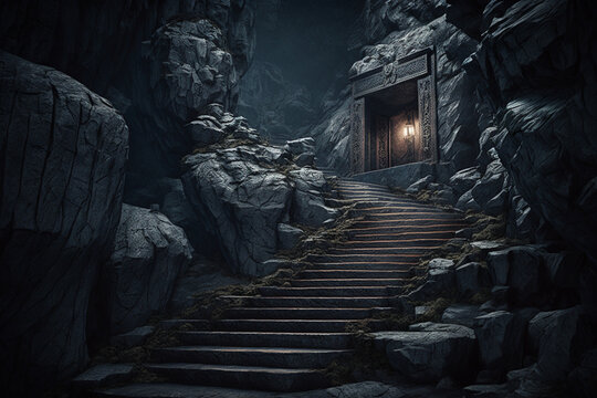 stairs leading up in a mysterious dark stone dungeon, created by a neural network, Generative AI technology