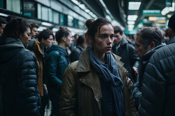 Fototapeta premium A Young Woman in a Busy and Gloomy Subway Station Generative AI Photo