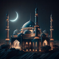 Luminous Serenity: A Beautiful Nighttime View of a Mosque During Ramadan
