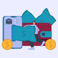 Mobile banking and online payment concept. People using laptop and mobile smartphone for online banking and accounting. Vector flat iliustration. Template for landing page and other