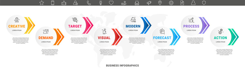 Vector modern infographic with 8 circles and arrows. 3D concept graphic process template with eight steps and icons. Timeline for the business project on white background