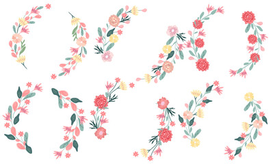 Bright floral wreaths on a white background. Blooming colored flowers as a symbol of happiness, joy, love. Spring wreaths are ideal for invitations, cards, banners, weddings. Vector illustration.