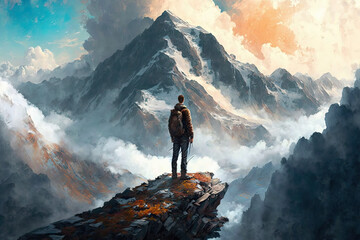 a person standing on top of a mountain looking at the mountains, generative AI