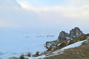 Cape Burkhan or Shaman Rock at Lake Baikal in Winter