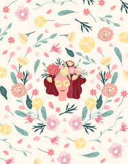 Hello spring, bright illustration with spring lady and flowers in her hair. The concept of happiness, joy, holiday. Ideal for greeting cards, cards, banners, posters. Vector graphics