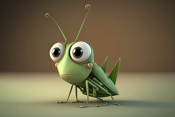 Cute Cartoon Grasshopper Character (Created with Generative AI) - obrazy, fototapety, plakaty