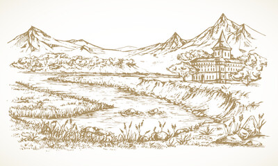 Hand Drawn Landscape Vector Illustration. Valley River View with Estate Building and Mountains Sketch. Hand Drawn House Doodle Isolated