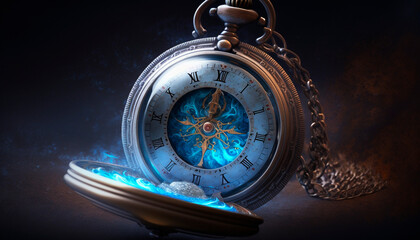 Chronometric Portal: Mystically Glowing Pocket Watch with Cosmic Swirls