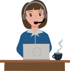 Vector of customer service woman operator call center headphone laptop cup coffee illustration