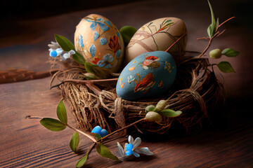 Hand-painted Easter eggs, Willow twigs and cloth on wood. Generative Ai