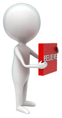 3d man holding red box with believe text concept
