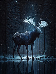 Eindrucksvoller Elch steht in einem dunklen Winterwald