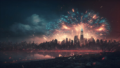 fireworks over the big city. mirror on the river