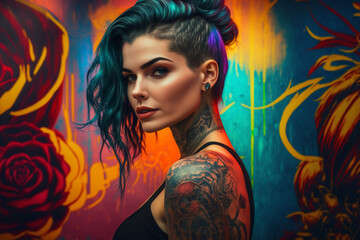 portrait of a beautiful tattooed woman on colorful background