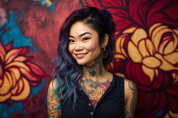 portrait of a beautiful tattooed woman on colorful background