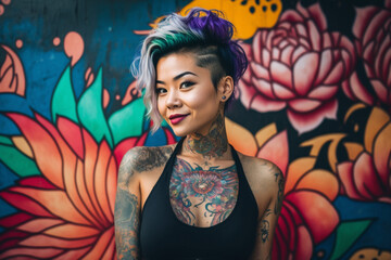 Obraz na płótnie Canvas portrait of a beautiful tattooed woman on colorful background