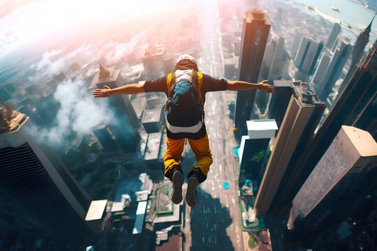 Extreme athlete jumps from the tower of a skyscraper and flies over the city metropolis. Generative AI technology.