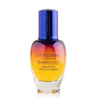 Loccitane en provence formulated in oil in serum. Night Elixir, Instant Skin Reboot. Natural French cosmetics and perfumes. Isolated object on a transparent background
