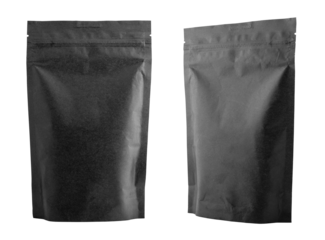 Black paper bag for food packaging, zip lock. Isolated Objects on a transparent background. Element for design