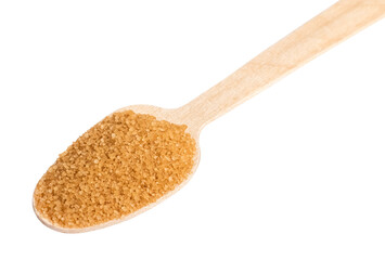 Wooden spoon with brown sugar on a transparent background. Unrefined crystal sugar. Isolated object