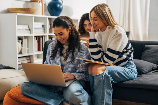 Happy college friends work on a group project together