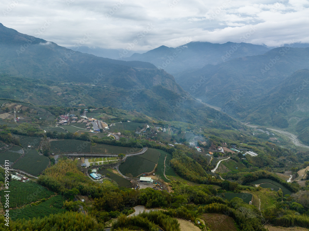 Poster drone fly over the tea field on mountain in nantou of taiwan