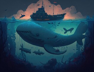 Marine and aquatic illustration with a whale swimming under a ship. Generative AI