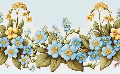 Forget-Me-Not flowers, decorative background with copy space illustrated vintage style. Generative AI